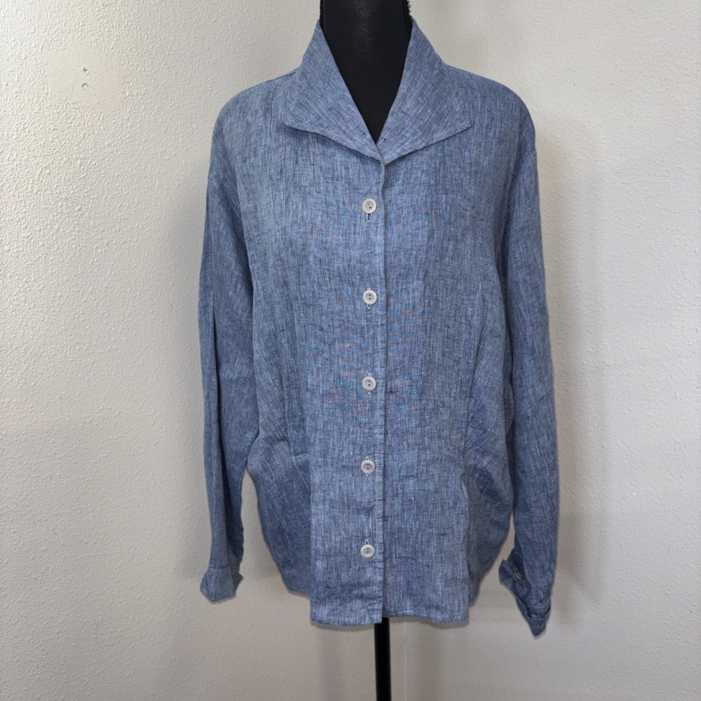 Flax Linen Tunic Blouse Women's medium Blue Button Front Lagenlook Minimalist